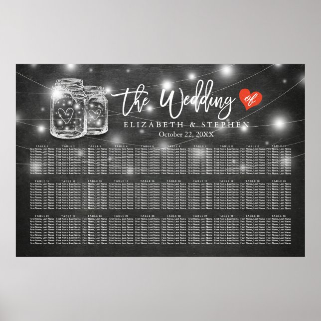 30+ Tables Wedding Seating Chart  Mason Jar Lights (Front)