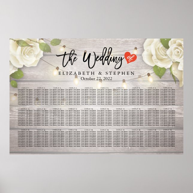 30+ Tables Wood Floral String Lights Seating Chart (Front)