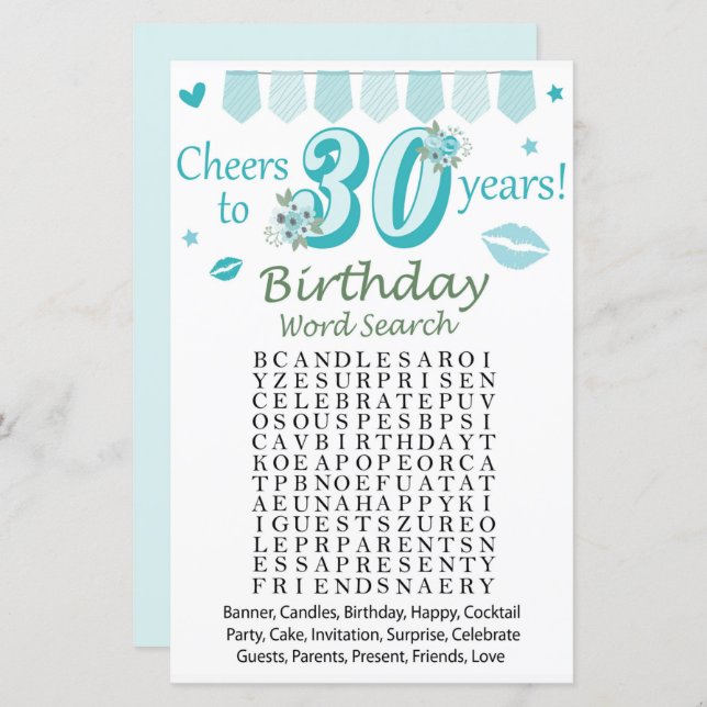 30 th Birthday Word Search Game (Front/Back)