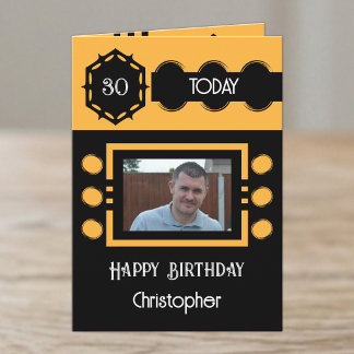 30 today add photo name black orange birthday card