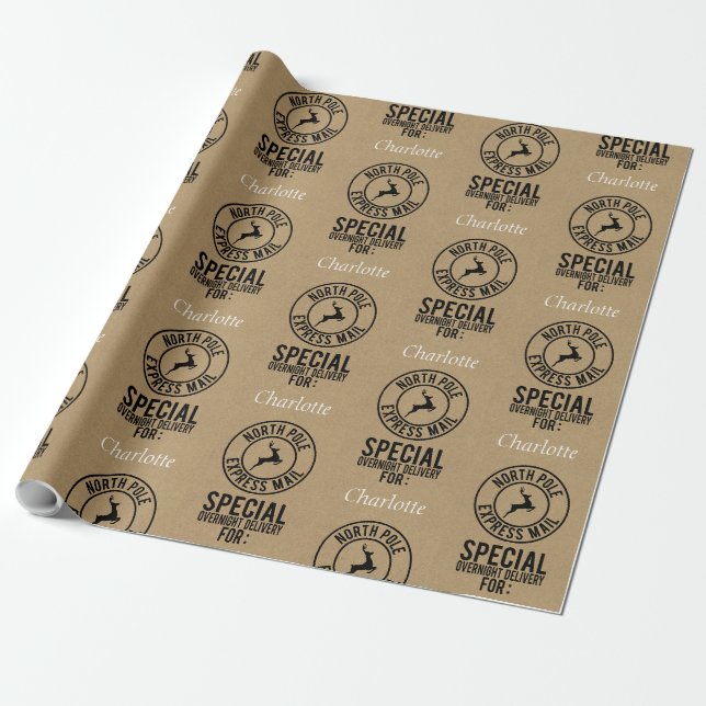 30"x15' Kraft Black & White Name North Pole Wrapping Paper (Unrolled)