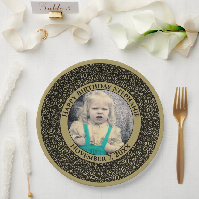 30 Your Photo Random Number Pattern Black/Gold Paper Plate (Wedding)