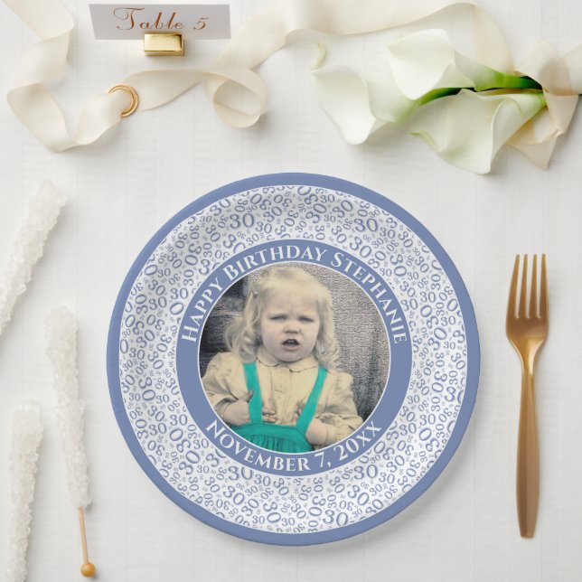 30 Your Photo Random Number Pattern Blue/White Paper Plate (Wedding)