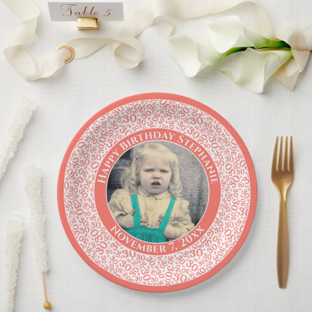 30 Your Photo Random Number Pattern Coral/White Paper Plate (Wedding)