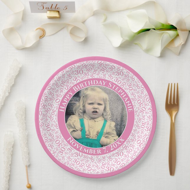 30 Your Photo Random Number Pattern Pink/White Paper Plate (Wedding)