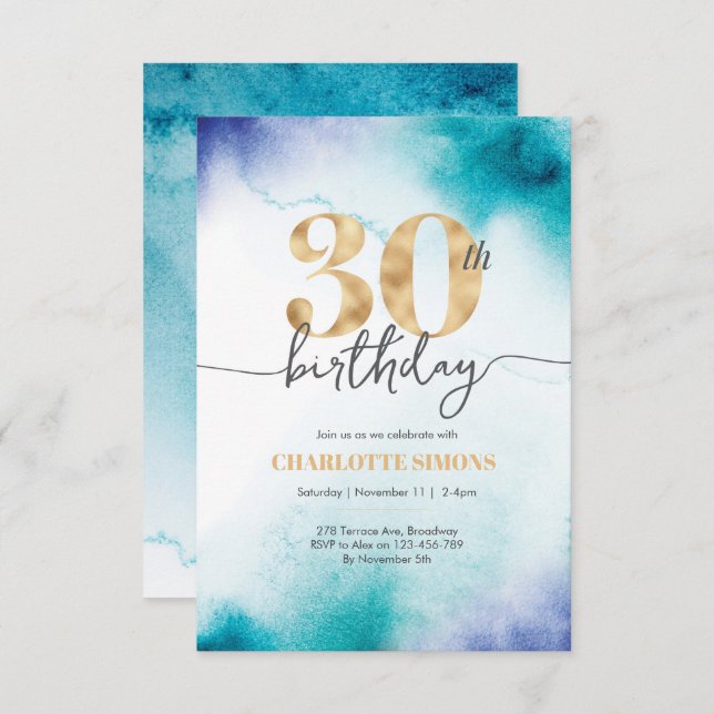 30e anniversaire Eau turquoise invitation (Devant / Derrière)