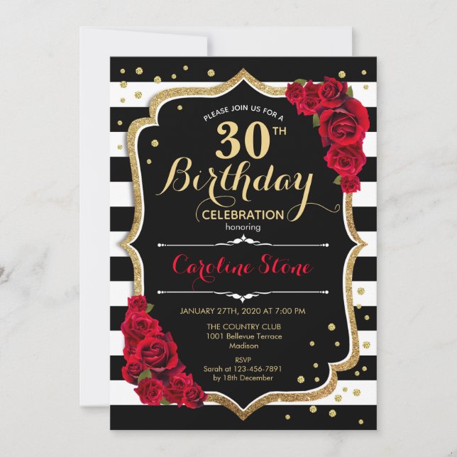 30e anniversaire Invitation Black White Stripes Ro (Devant)