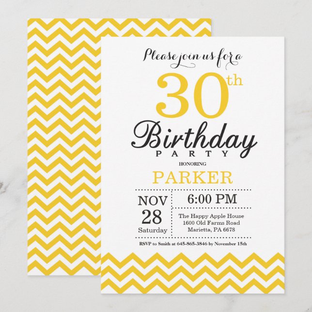 30e anniversaire Invitation Chevron Jaune (Devant / Derrière)