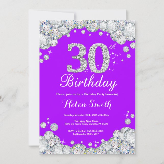 30e anniversaire Invitation Diamant mauve et argen (Devant)