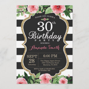 30e anniversaire Invitation Femmes. Noir d'or flor