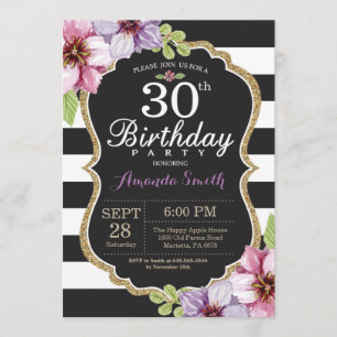 30e anniversaire Invitation Femmes. Or floral noir