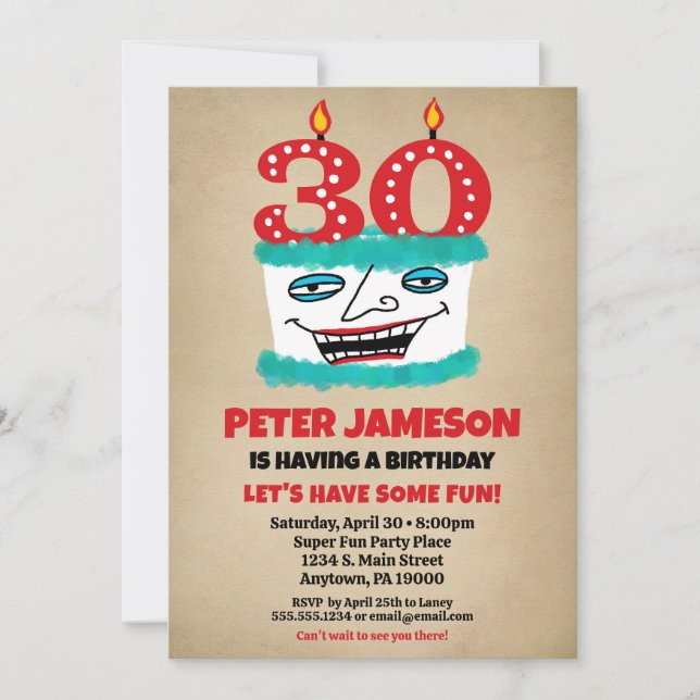 30e anniversaire Invitation Funny Cake Mens Décont (Devant)