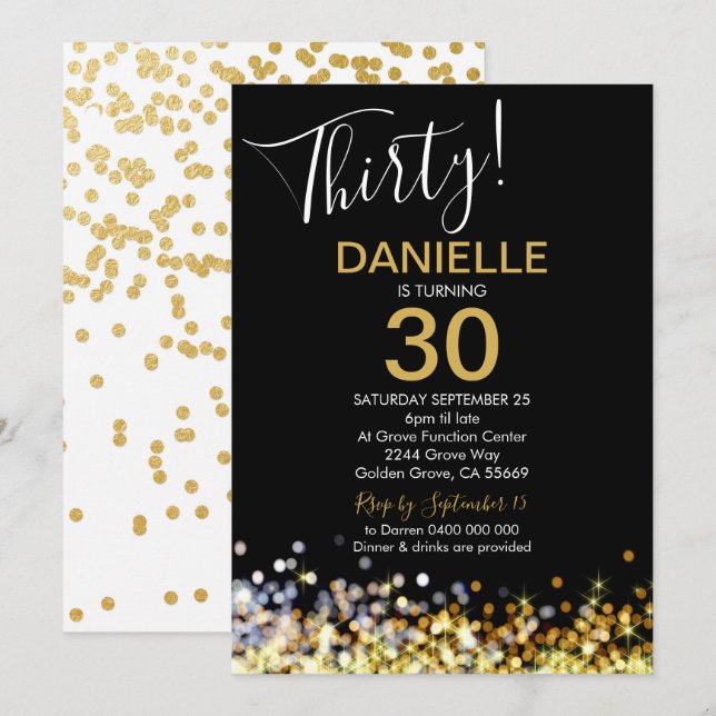 30e anniversaire Invitation Gold Confetti 30e anni (Devant / Derrière)