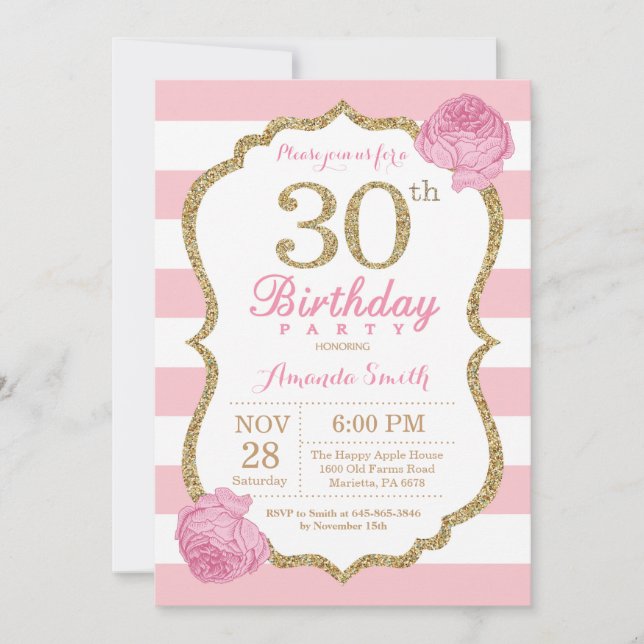 30e anniversaire Invitation rose et or Floral (Devant)