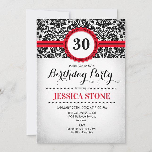 30e anniversaire Invitation Rouge Noir Blanc Damas (Devant)