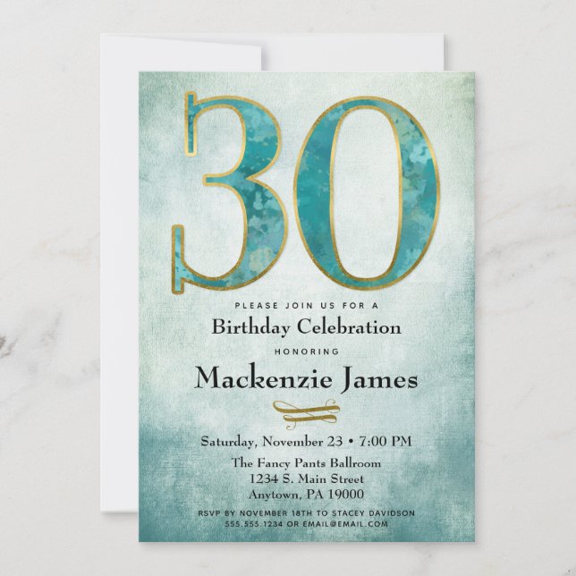 30e anniversaire Invitation Turquoise Blue Gold Ad (Devant)