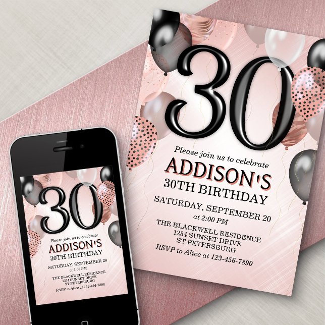 30e anniversaire Rose Gold Ballons Invitation (Créateur téléchargé)