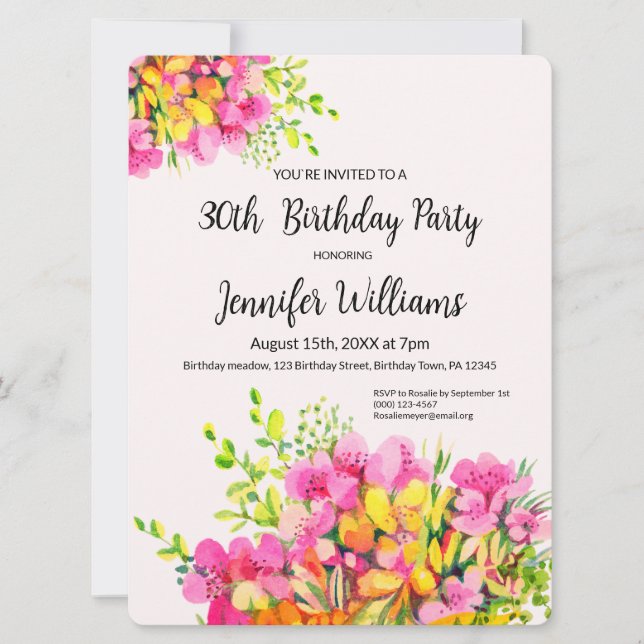 30e invitation anniversaire, fleurs roses et orang (Devant)