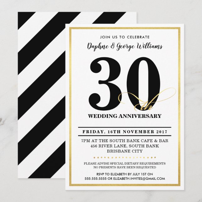 30ÈME ANNIVERSAIRE DE MARIAGE invitations dorées d (Devant / Derrière)