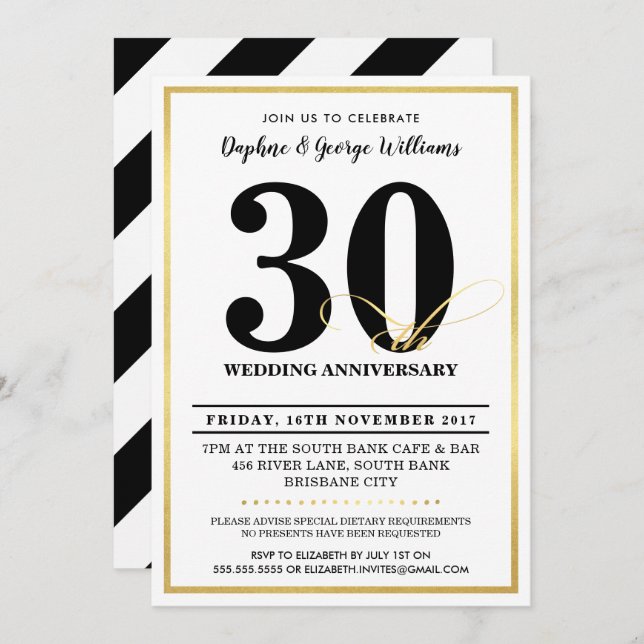 30ÈME ANNIVERSAIRE DE MARIAGE invitations stylées  (Devant / Derrière)