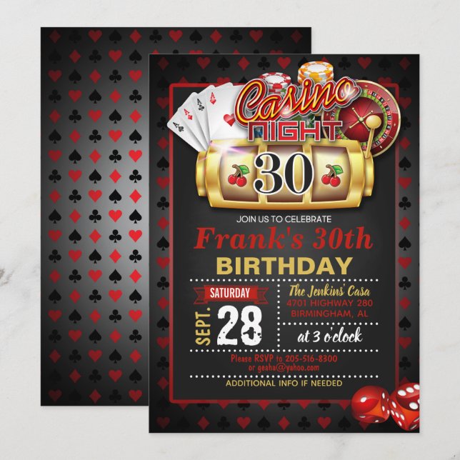 30ème invitation d'anniversaire de casino (Devant / Derrière)