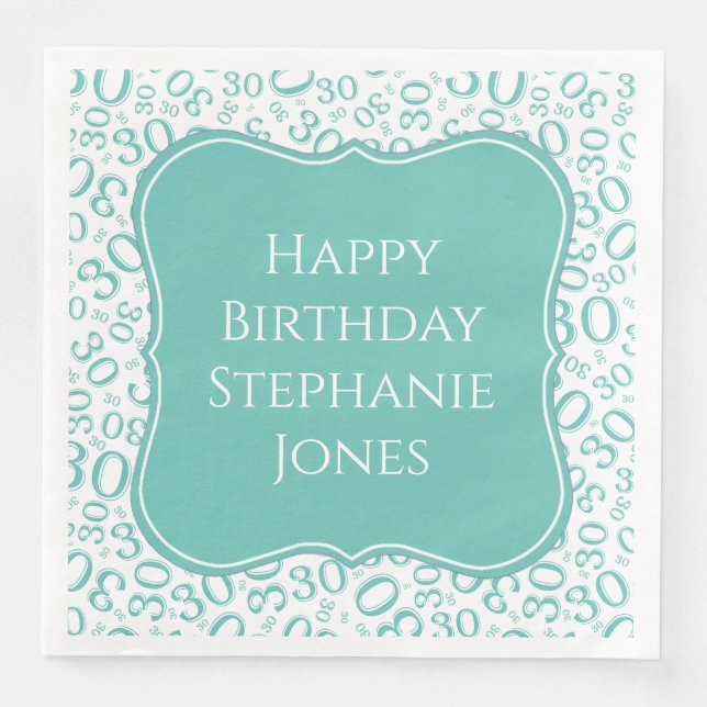 30h Birthday Teal/White Bracket Number Pattern Napkin (Front)
