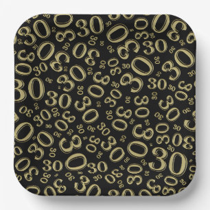 30th Age Random Number Pattern Gold/Black  Paper Plate