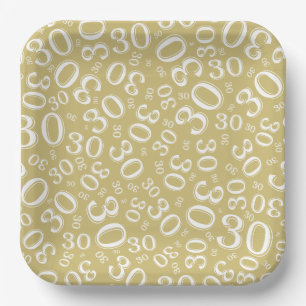 30th Age Random Number Pattern Gold/White Paper Plate