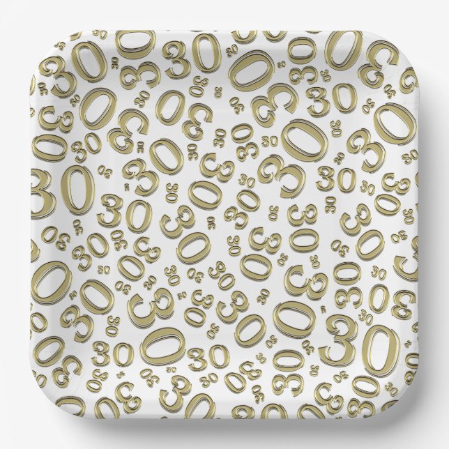 30th Age Random Number Pattern White/Gold  Paper Plate (Front)
