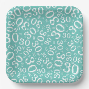30th Age Random Number Pattern White/Teal Paper Plate