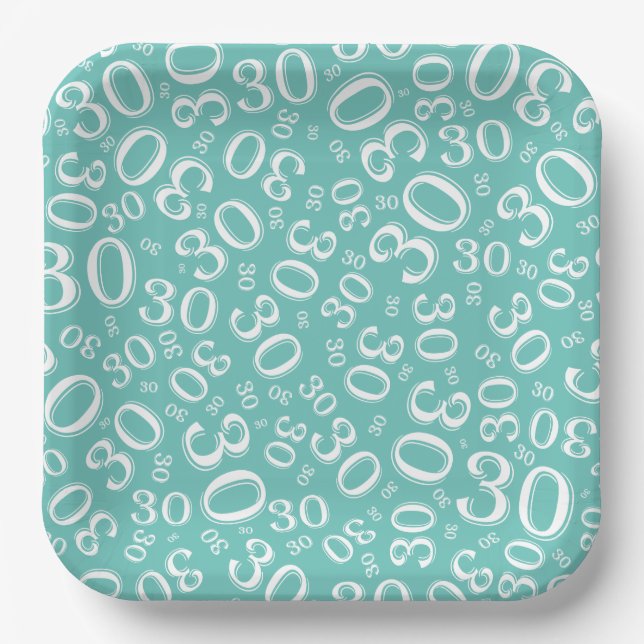 30th Age Random Number Pattern White/Teal Paper Plate (Front)