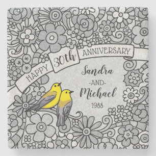 30th Anniversary, Floral and Birds Personalized Stone Coaster