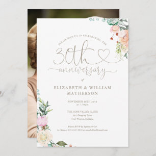 30th Anniversary Heart Script Floral Photo Invitation