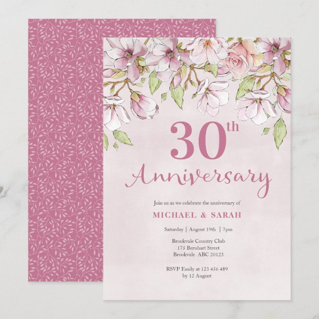 30th Anniversary Invitation Pink Floral (Front/Back)