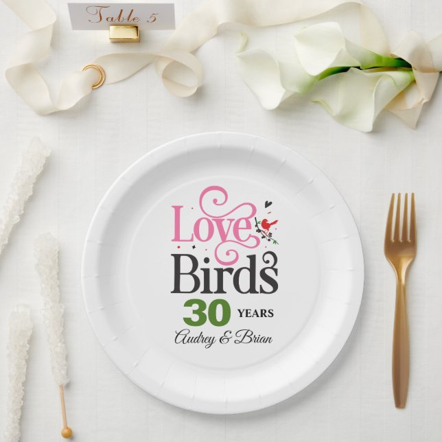 30th Anniversary (or any year) Love Birds Paper Plate (Wedding)
