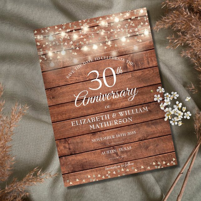 30th Anniversary String Lights Wood Save the Date Announcement Postcard (Creator Uploaded)