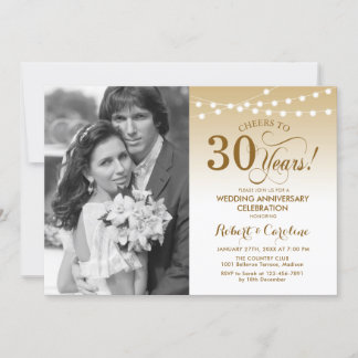 30th Anniversary with Photo - Gold White Invitation