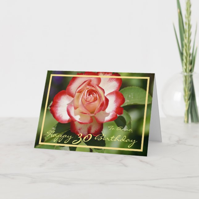 30th Bday Anna Red White Rose Elegant Gold Frame Card (Front)