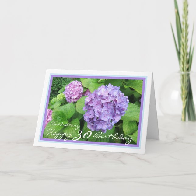 30th Bday Brittany Hydrangeas Elegant Blue Frame Card (Front)