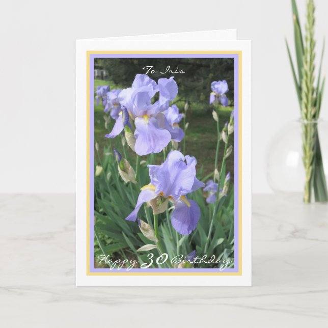 30th Bday Irises Elegant Gold Frame Personalized Card (Front)