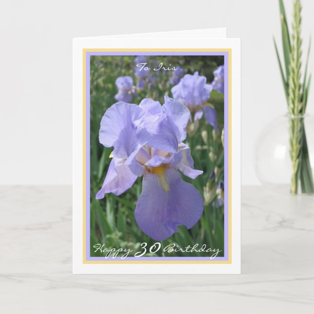 30th Bday Purple Iris Personalized Name Gold Frame Card (Front)