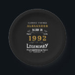 30th Birthday 1992 Add Name Legendary Black Gold Paper Plate<br><div class="desc">Personalized add your name birthday paper plate. Edit the name and year with the template provided. A wonderful custom black birthday plate. More gifts and party supplies available with the "Legendary" design in the store.</div>