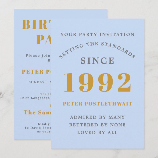 30th Birthday 1992 Blue Gold Elegant Chic Invitation (Front/Back)