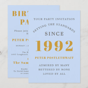 30th Birthday 1992 Blue Gold Elegant Chic Invitation