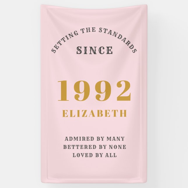 30th Birthday 1992 Elegant Gold Pink Grey Banner (Vertical)