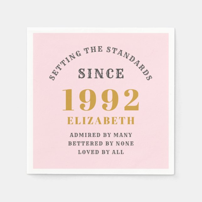 30th Birthday 1992 Elegant Gold Pink Grey Napkin (Front)