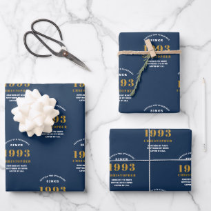 30th Birthday 1993 Blue Gold Add Name Wrapping Paper Sheet