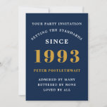 30th Birthday 1993 Blue Gold Add Name Year Invitation<br><div class="desc">For those celebrating their birthday we have the ideal birthday party invitation card. The elegant background with a gold design is simple and chic. Easily customize the text to the front and the rear of this birthday invitation card using the template provided. Part of the setting standards range of cards,...</div>