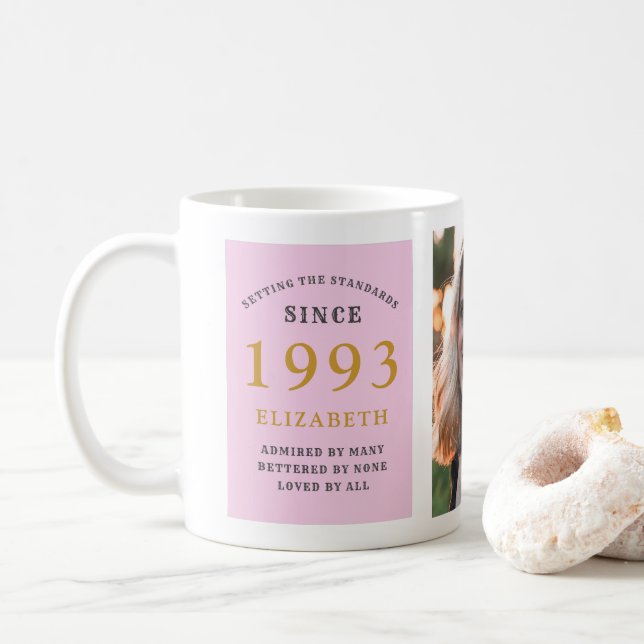 30th Birthday 1993 Pink Grey Add Name Photo Coffee Mug (With Donut)