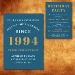 30th Birthday 1994 Blue Gold Elegant Chic Invitation<br><div class="desc">For those celebrating their birthday we have the ideal birthday party invitation card. The elegant background with a gold design is simple and chic. Easily customize the text to the front and the rear of this birthday invitation card using the template provided. Part of the setting standards range of cards,...</div>